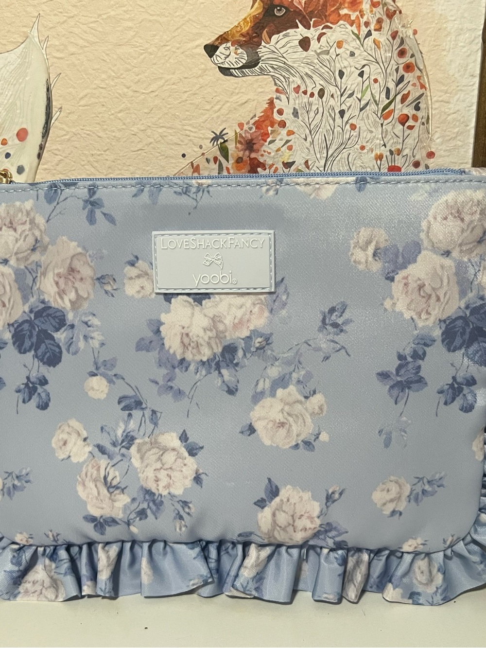 LoveShackFancy Light Blue Floral Ruffle Cosmetic Bag